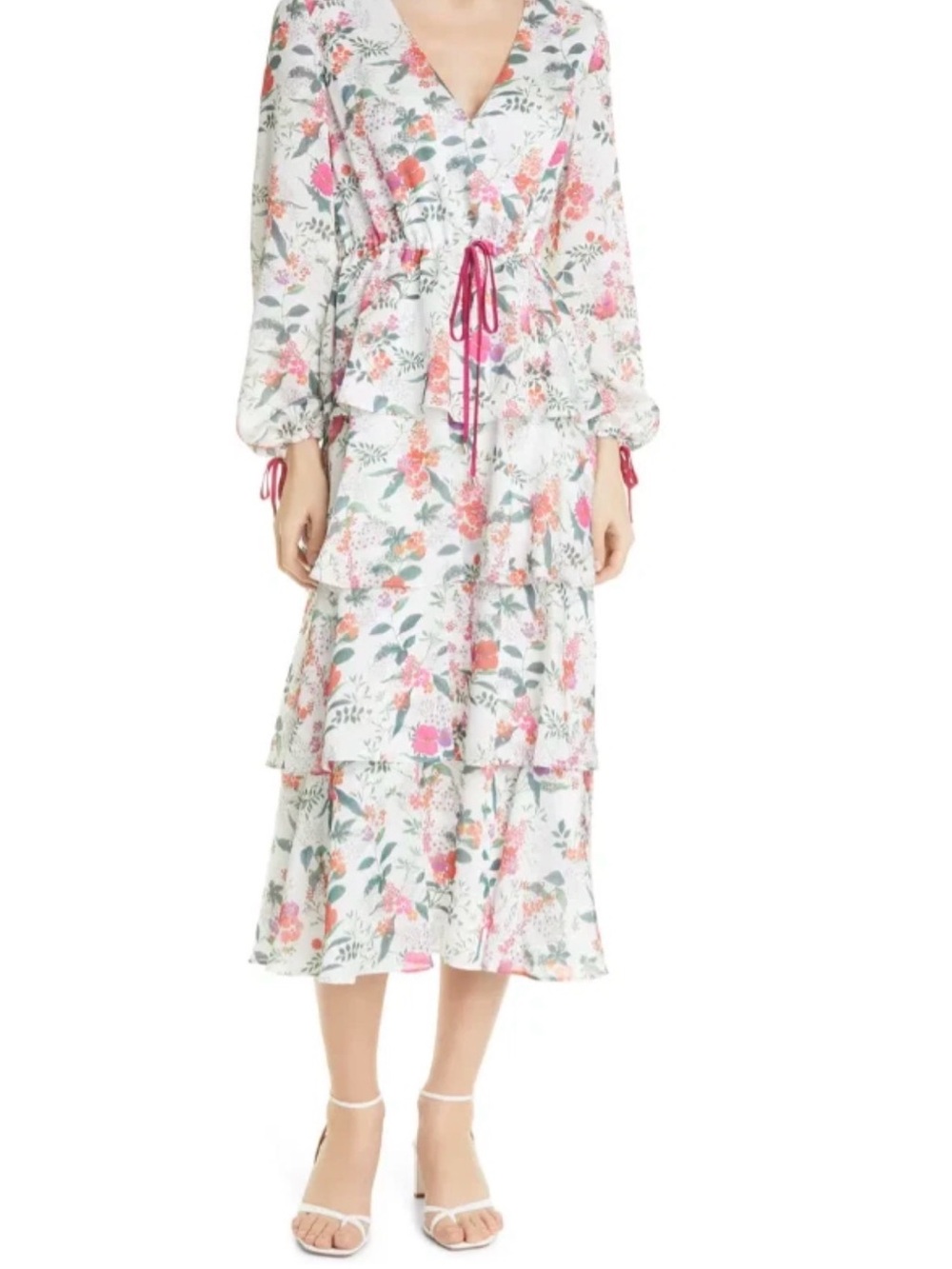 Ted baker V-Neck Midi Dress in White with Pink Accents
